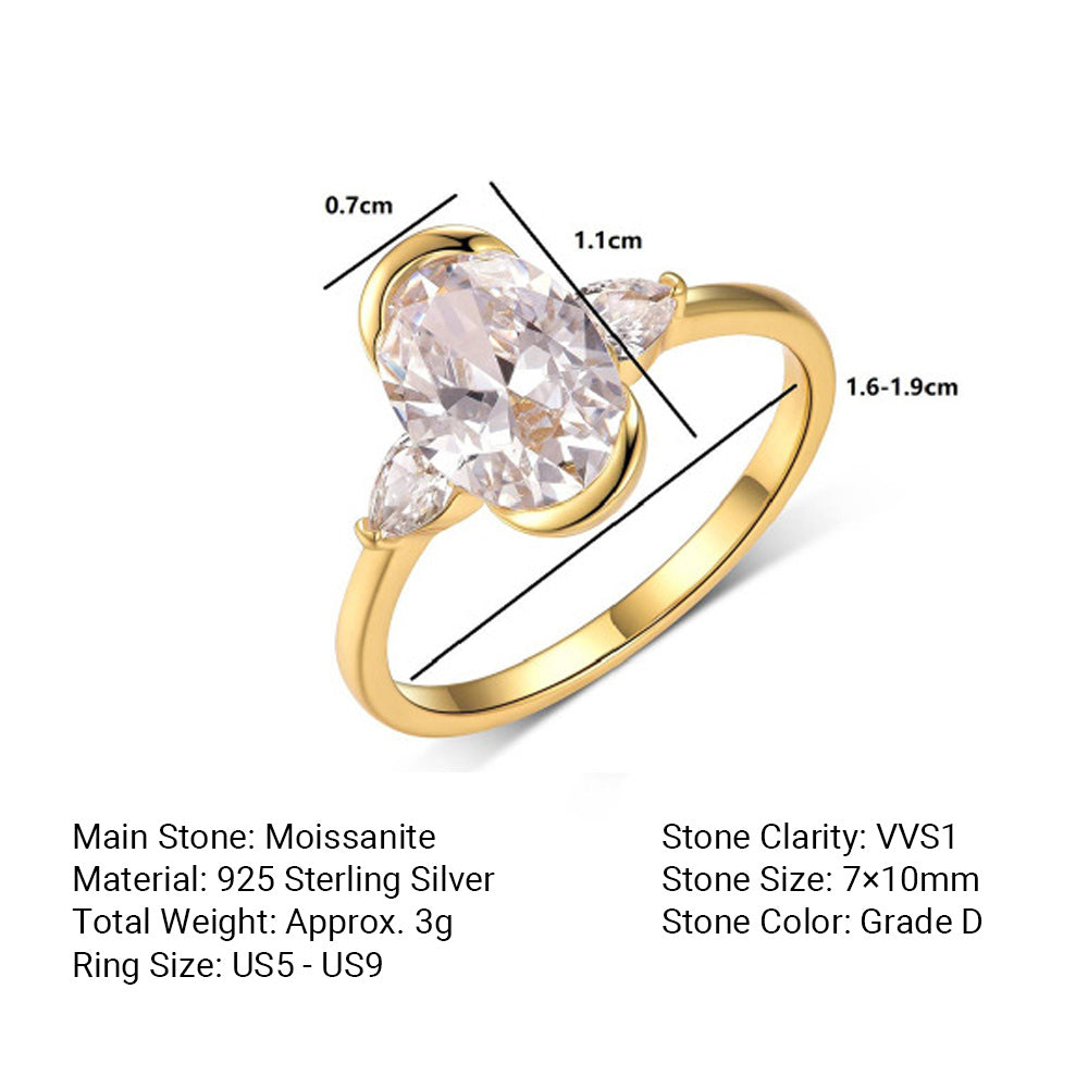 Three Stone Design With Oval Center Stone And  Water Drop Side Stones Moissanite For Women 925 Sterling Silver Ring