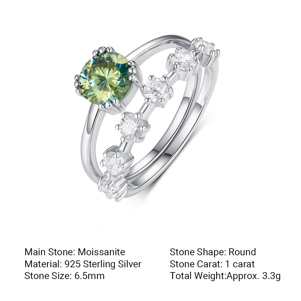 Blue Green Round Moissanite Curved Row Stack 925 Sterling Silver Ring