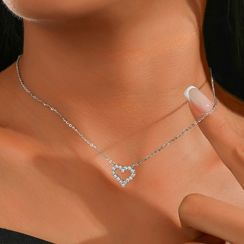 Moissanite Open Heart Outline Necklace 925 Sterling Silver Clavicle Chain Necklace