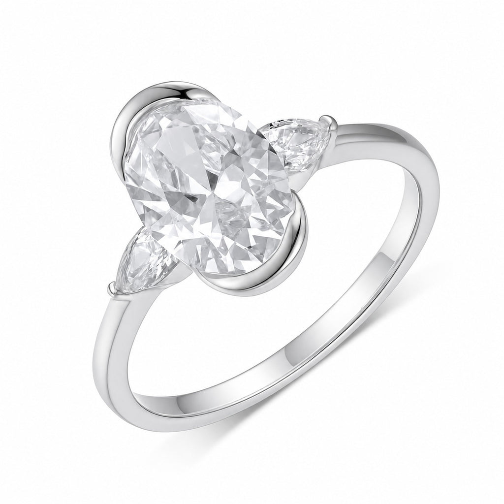 Three Stone Design With Oval Center Stone And  Water Drop Side Stones Moissanite For Women 925 Sterling Silver Ring