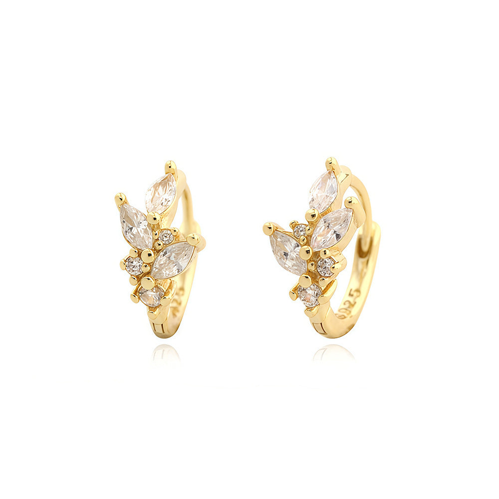 Cubic Zirconia Leaf Cluster 925 Sterling Silver Huggie Hoop Earrings