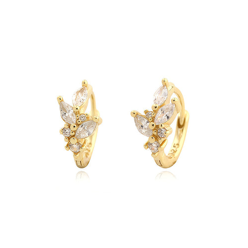 Cubic Zirconia Leaf Cluster 925 Sterling Silver Huggie Hoop Earrings