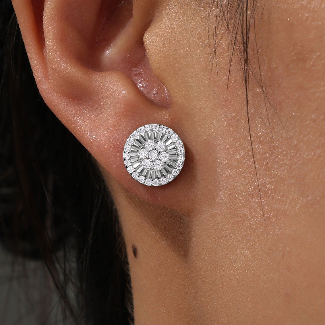 Round Daisy Halo Moissanite  925 Sterling Silver Stud Earrings