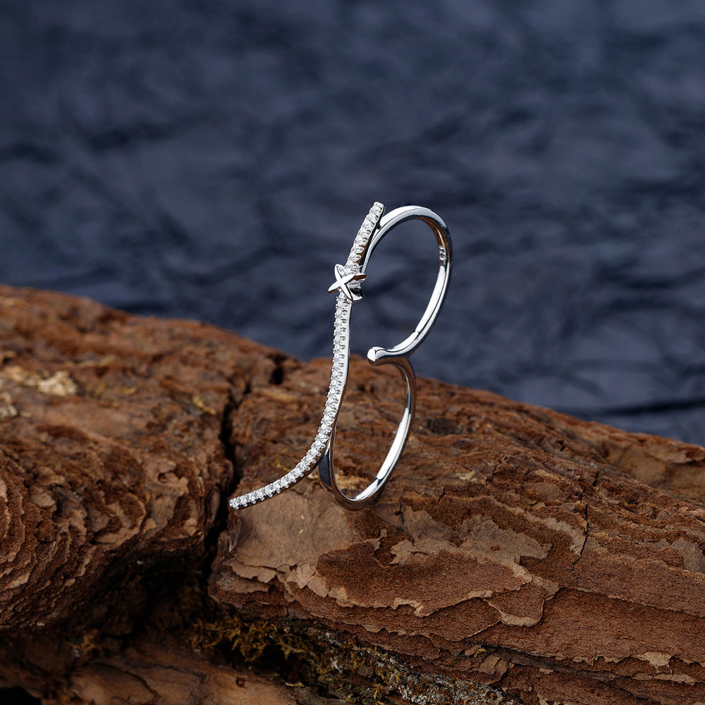 Geometric White Cubic Zirconia Irregular Wave Double Finger Ring In S925 Sterling Silver Open Adjustable Ring