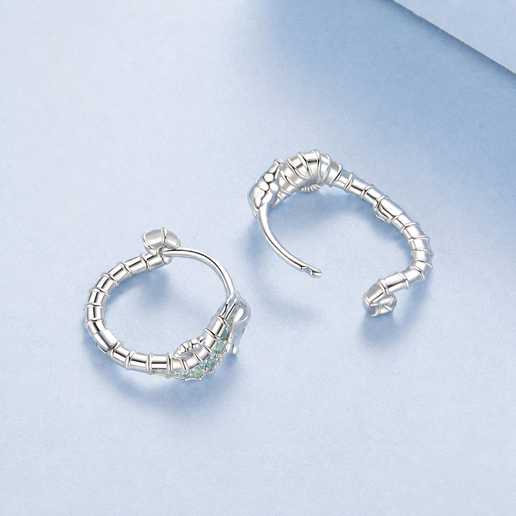 925 Sterling Silver with Cubic Zirconia and Blue-Green Glass Seahorse Hoop Earrings