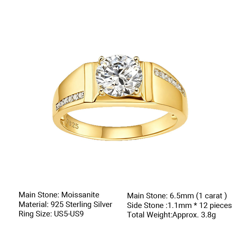 Round Solitaire D Color Center Stone Men's S925 Silver Geometric Band Moissanite Ring