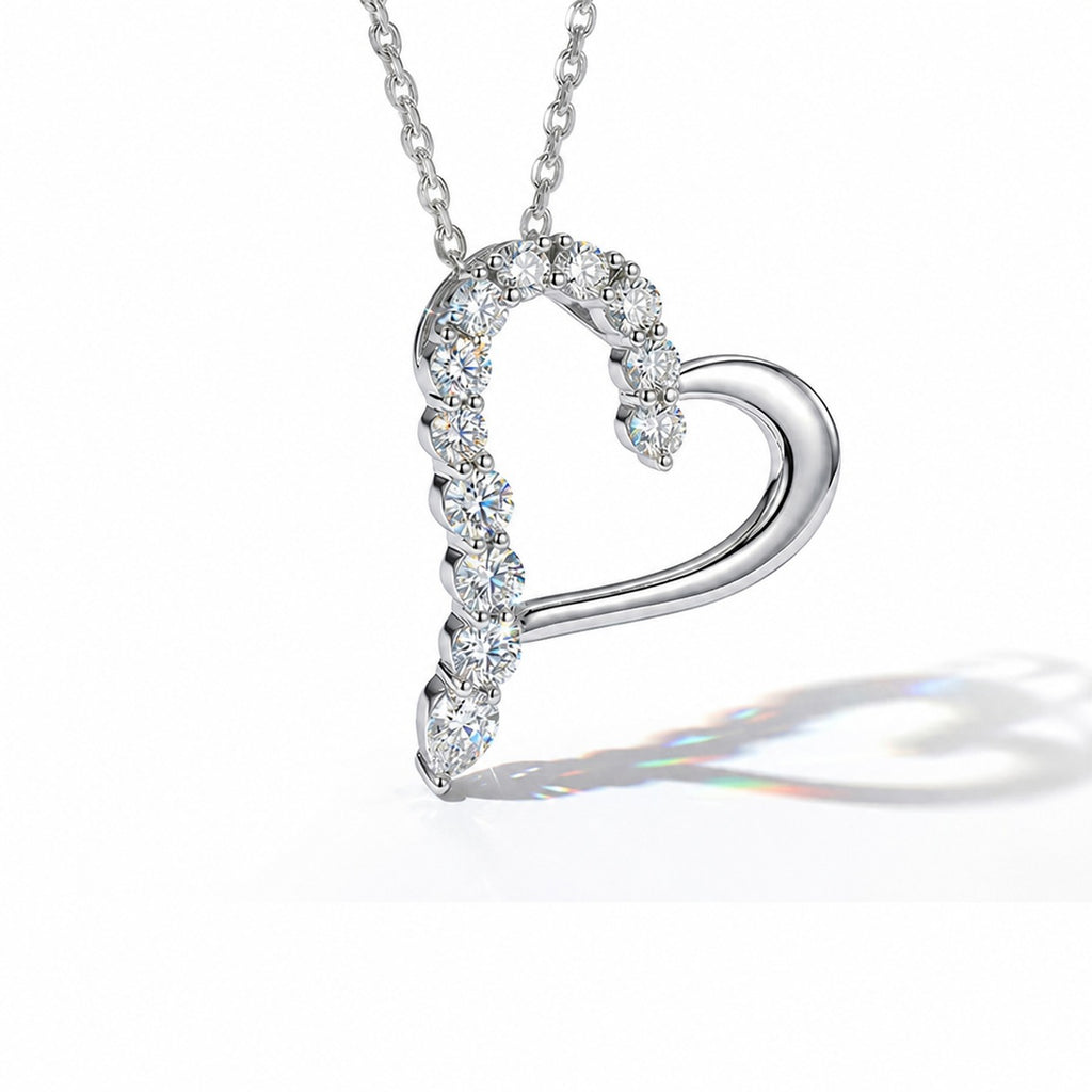 Asymmetrical Hollow Heart Moissanite  925 Sterling Silver  Necklace