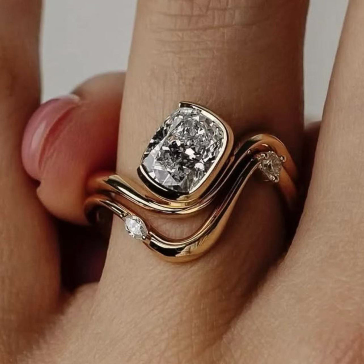 Geometric Wave Wrap Moissanite  925 Sterling Silver Double Band Open Ring