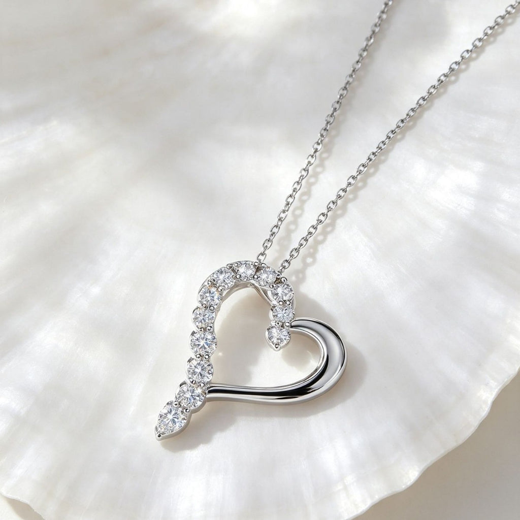 Asymmetrical Hollow Heart Moissanite  925 Sterling Silver  Necklace