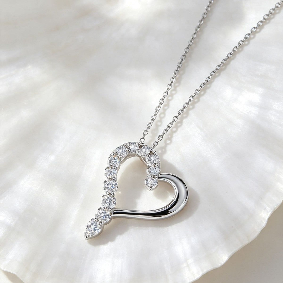 Asymmetrical Hollow Heart Moissanite  925 Sterling Silver  Necklace