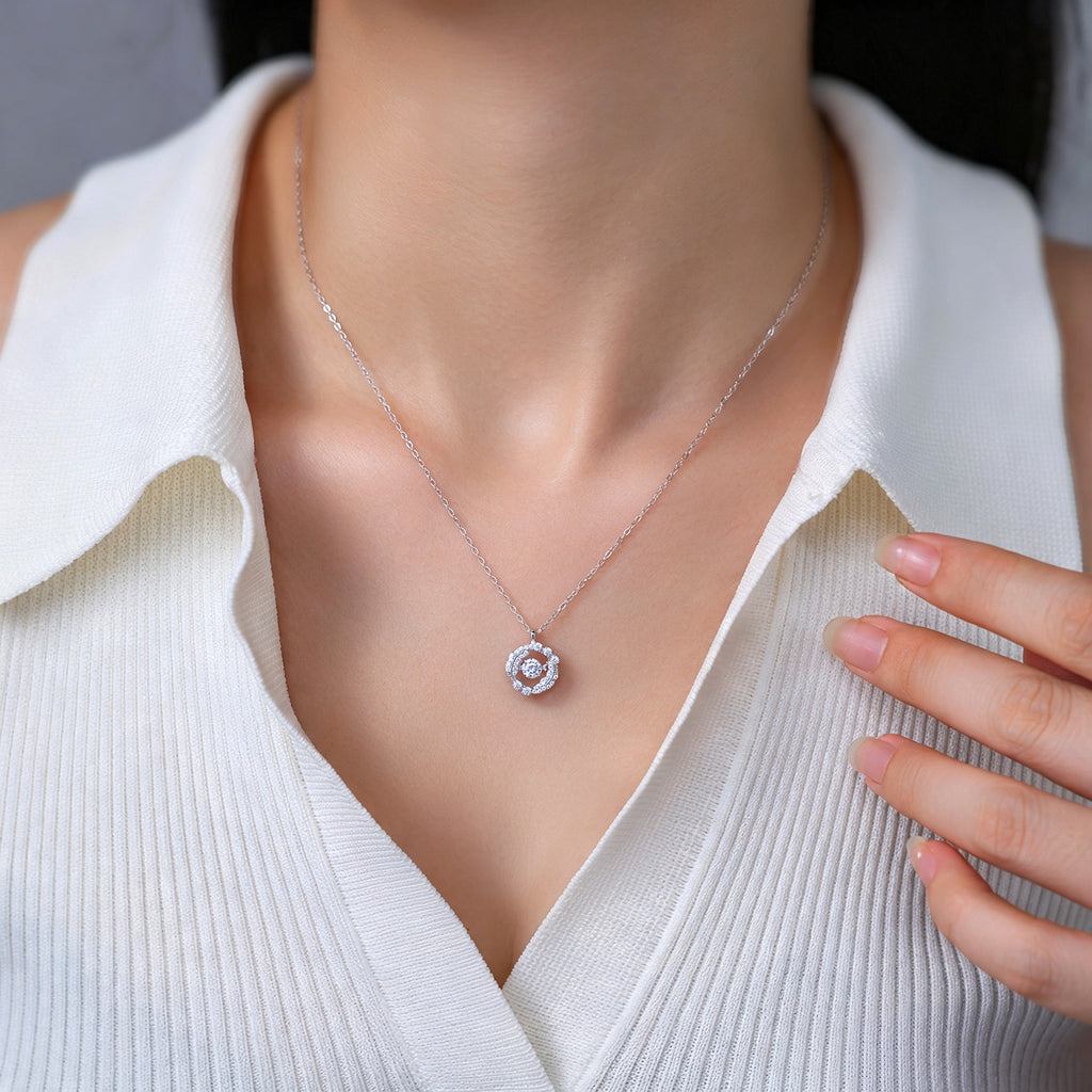 Moissanite Wing Halo Round Pendant 925 Sterling Silver Micro Pave Elegant Fashion Necklace