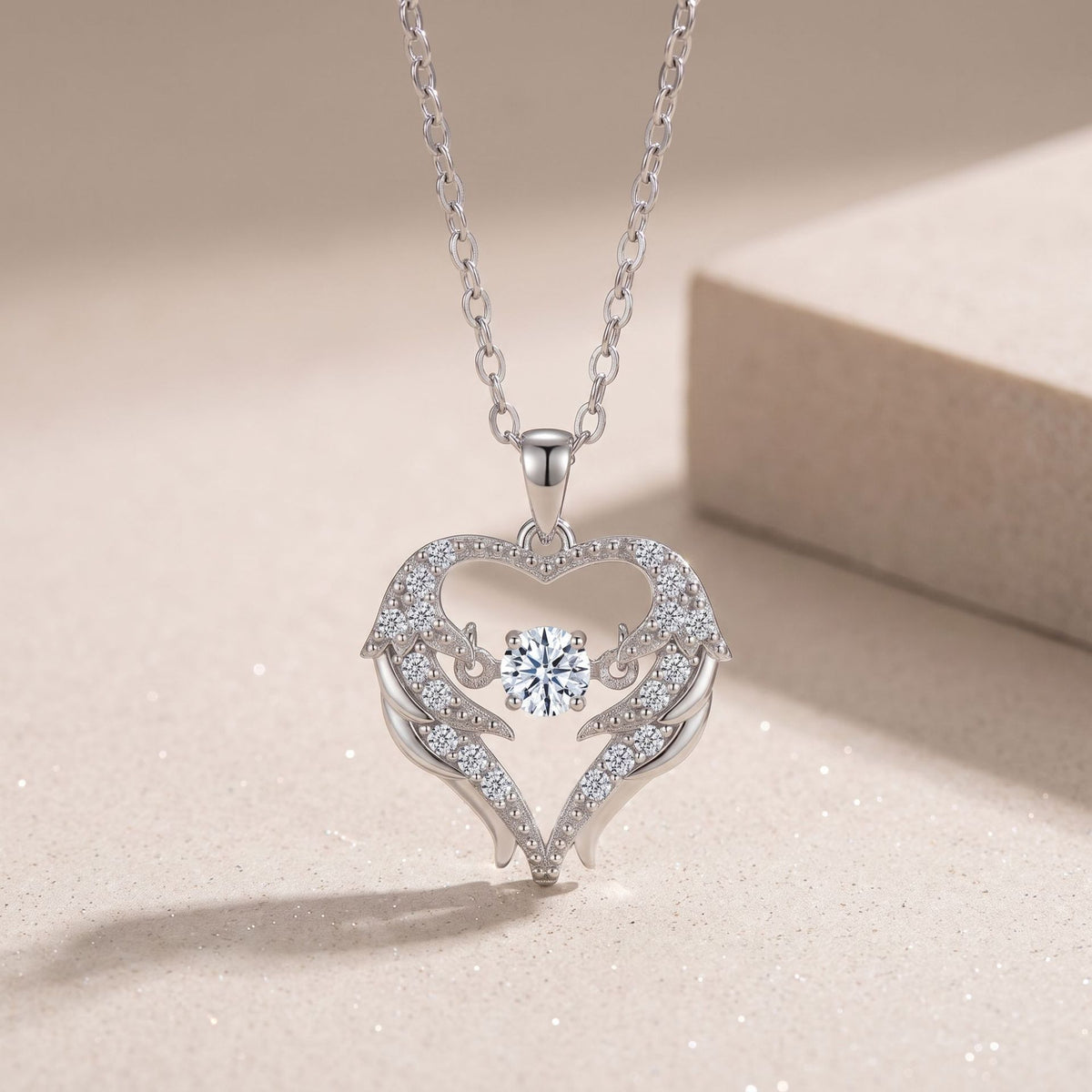Heart Angel Wing Moissanite 925 Sterling Silver Moving Center Stone Pendant Necklace
