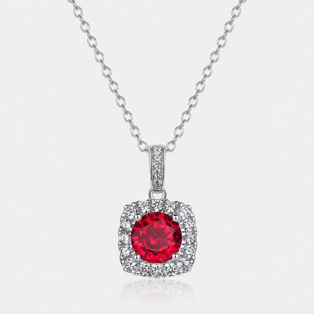 Classic Cushion Halo  With Red Lab Created Ruby Round Center Stone 925 Sterling Silver Pendant Necklace