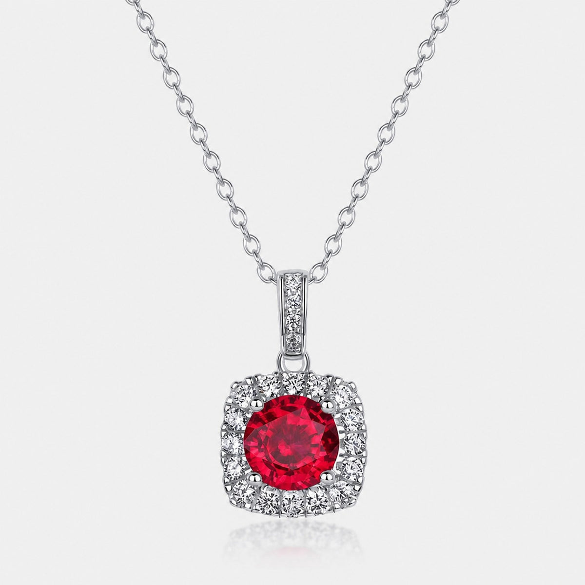 Classic Cushion Halo  With Red Lab Created Ruby Round Center Stone 925 Sterling Silver Pendant Necklace