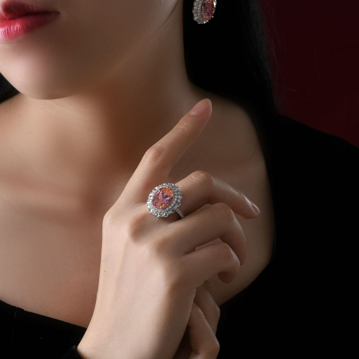 Pink Oval Zirconia Set 925 Sterling Silver Fashion Cocktail Ring