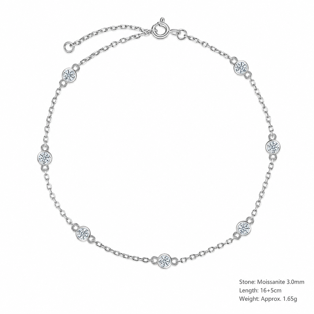 Round Bezel Set Moissanite Silver Chain 925 Sterling Silver Seven Stone Geometric Bracelet