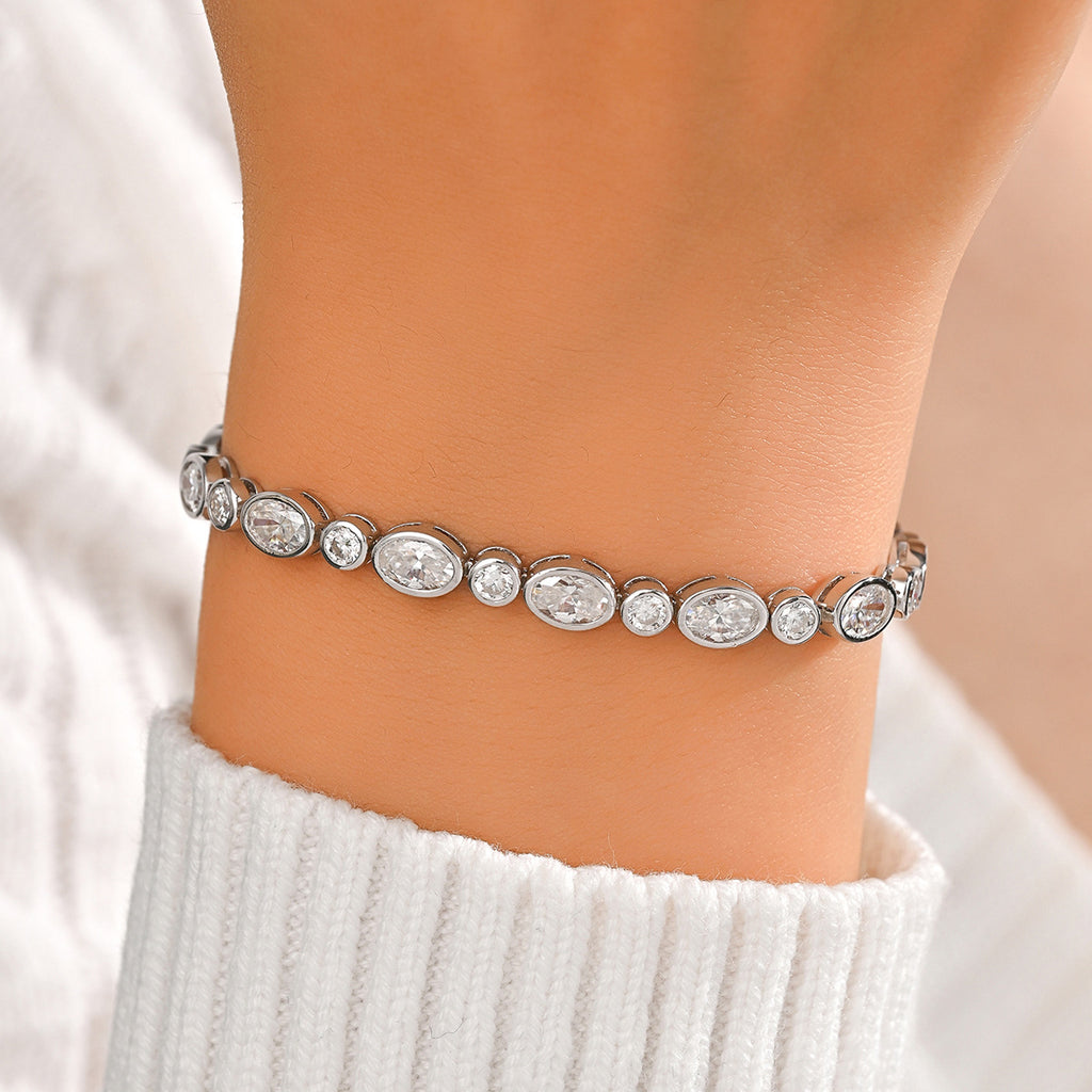 White D Color Moissanite Oval And Round Alternating Tennis Bracelet S925 Sterling Silver Fine Electroplated Elegant Fashion Chain Bracelet For Women Men Anniversary Gift Jewelry