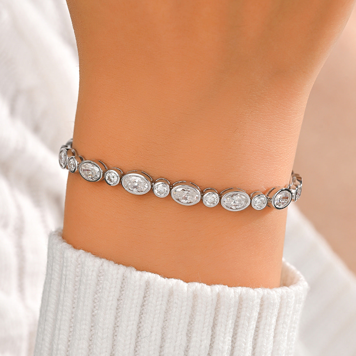 White D Color Moissanite Oval And Round Alternating Tennis Bracelet S925 Sterling Silver Fine Electroplated Elegant Fashion Chain Bracelet For Women Men Anniversary Gift Jewelry