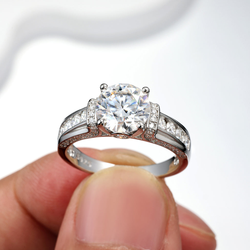 Round D Color Moissanite 925 Sterling Silver Four Prong Ring