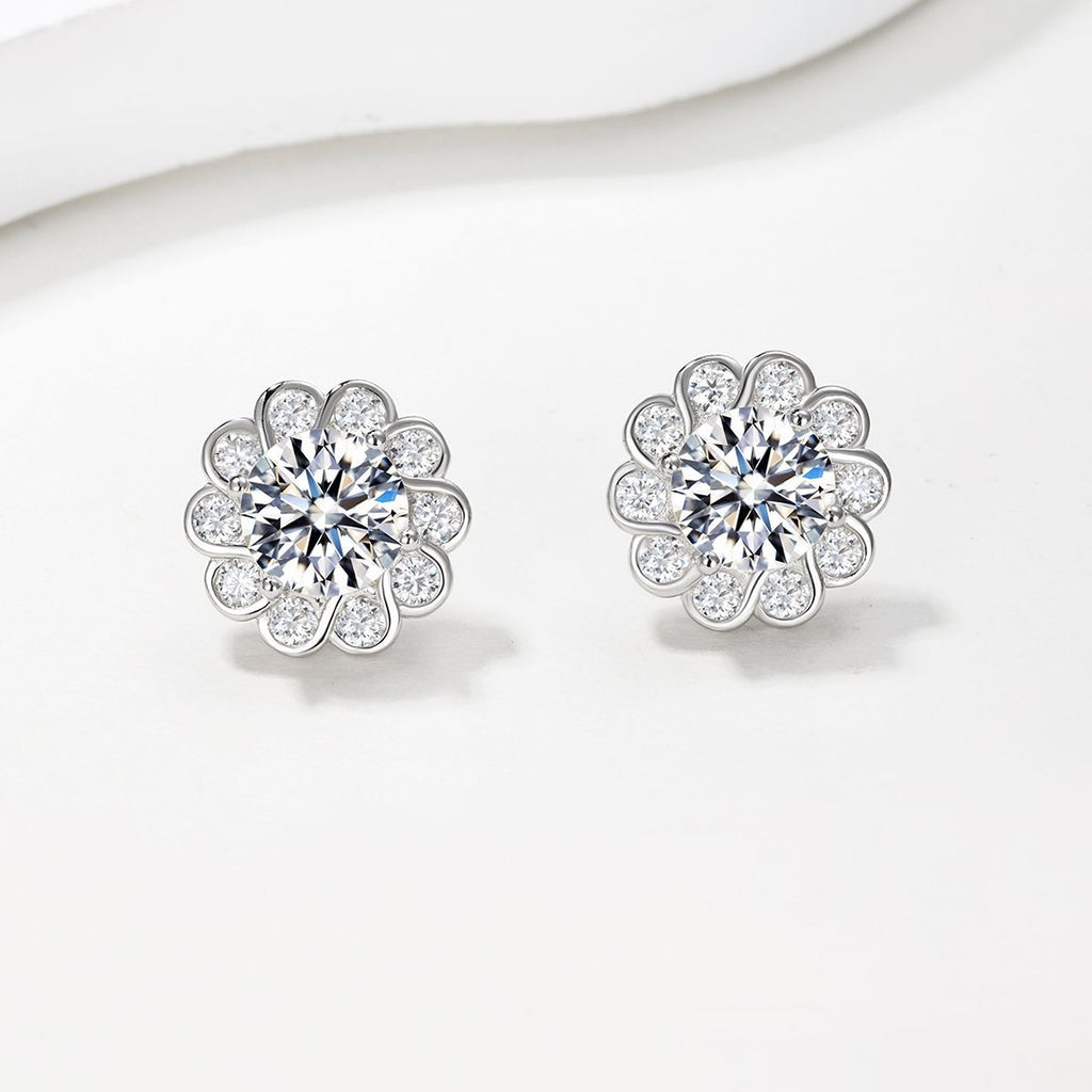 Sunflower Flower Halo Moissanite  In Silver Tone 925 Sterling Silver Stud Earrings