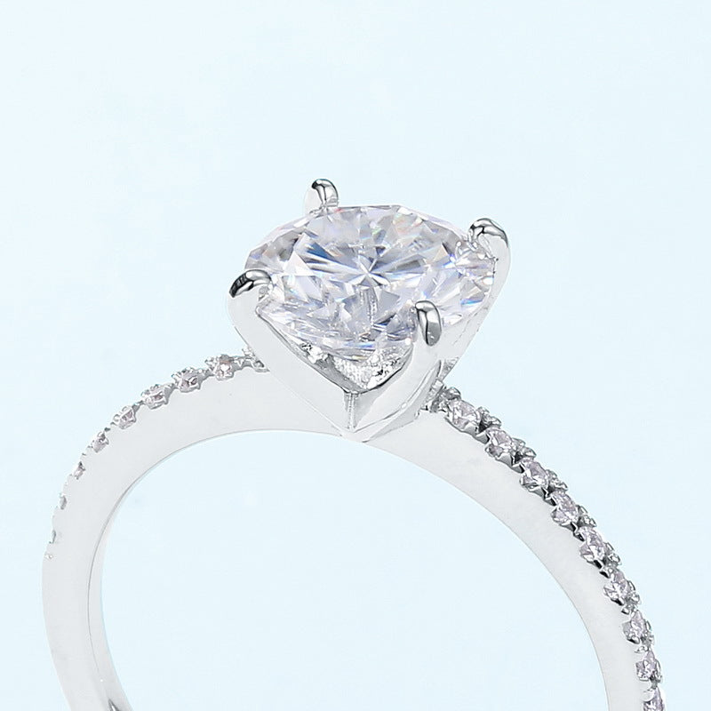 Round Solitaire Moissanite 925 Sterling Silver  Classic Four Prong Pave Band Engagement Ring