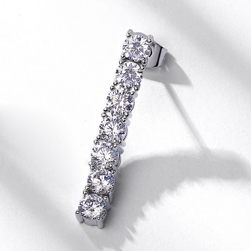 Long Vertical Bar Moissanite 925 Silver Round Prong Set Line Stud Earrings