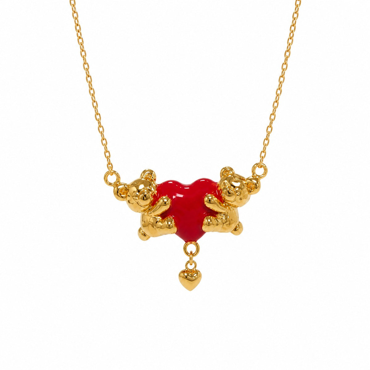 925 Sterling Silver Gold Plated Double Bear Red Enamel Heart Pendant Necklace