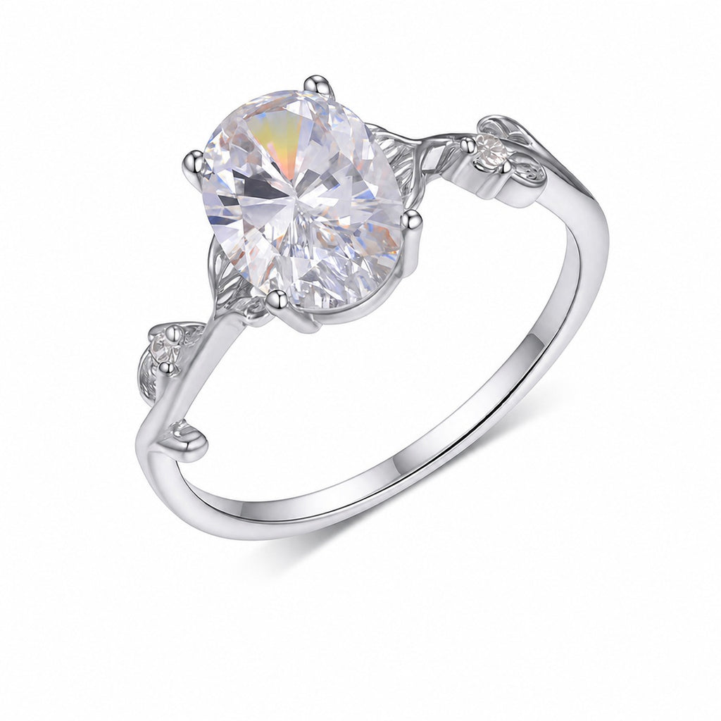 Oval Moissanite Leaf Branch Suburban Design 925 Sterling Silver Ring