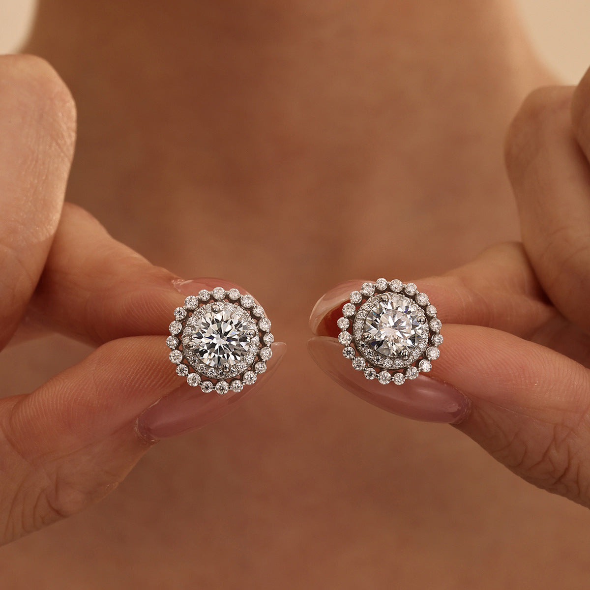 Moissanite Double-Layer Halo Round 925 Sterling Silver Stud Earrings