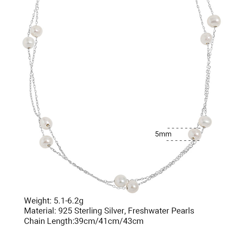 Double Layer Freshwater Pearl S925 Sterling Silver Geometric Chain Necklace