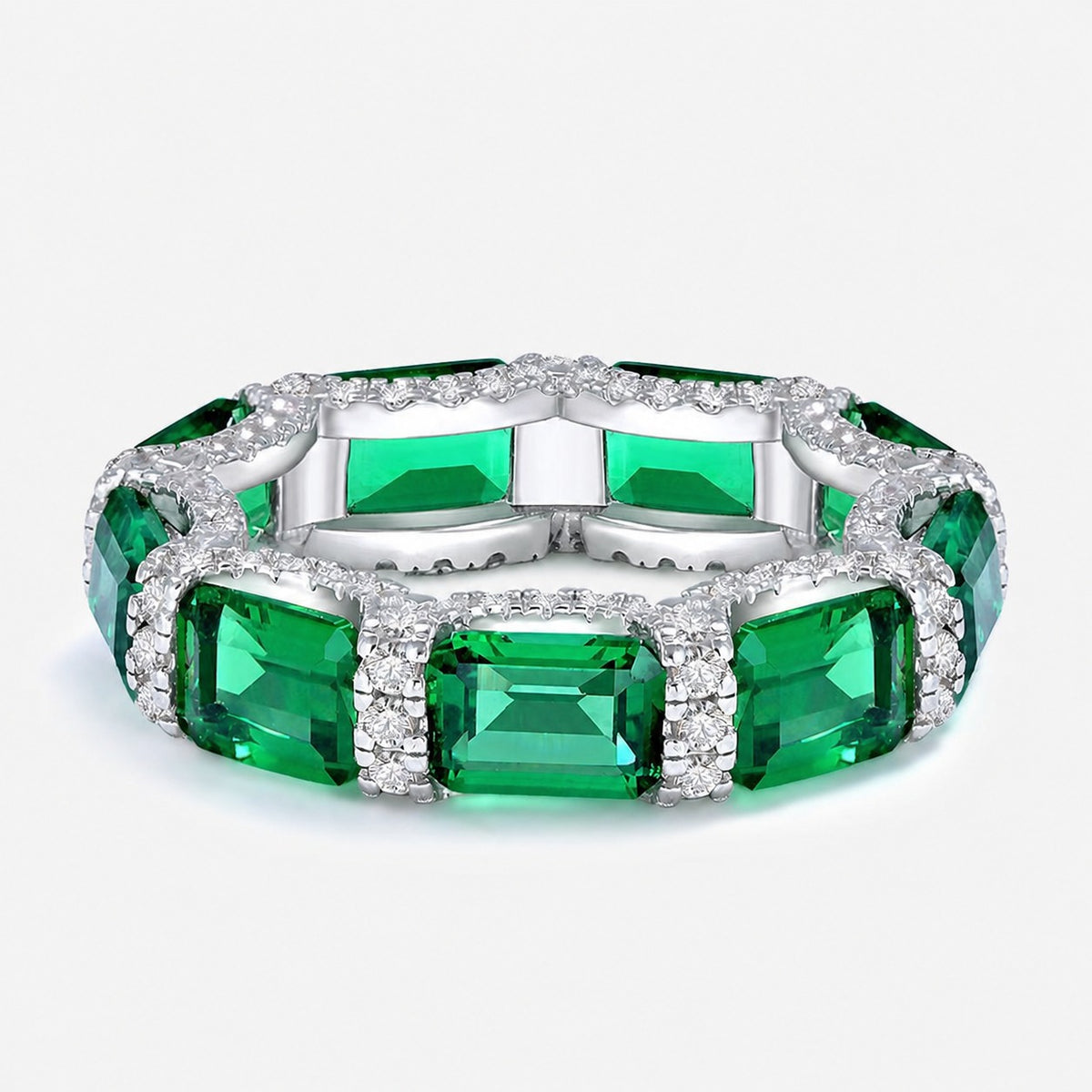 Green Emerald-Cut Synthetic Emerald Zircon Full-Circle Eternity 925 Sterling Silver Ring