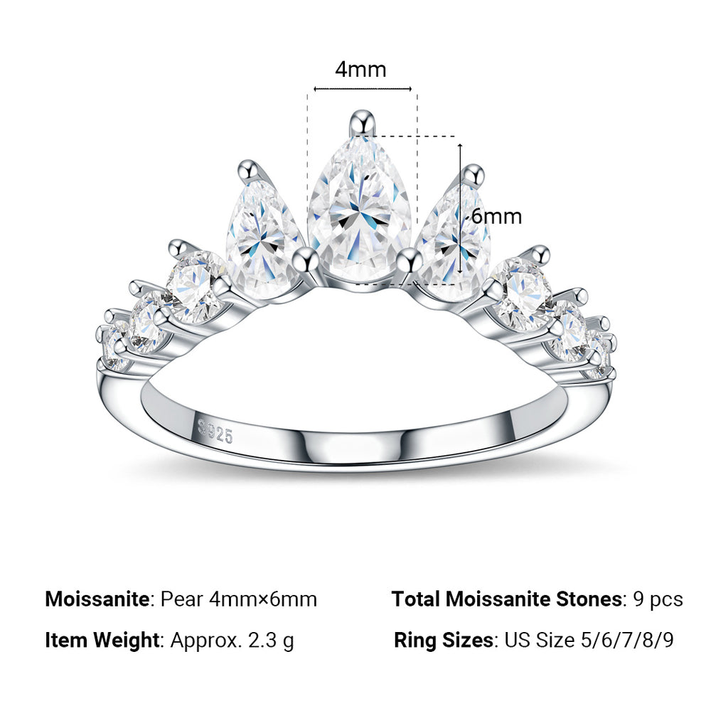 Minimalist Crown Wave Pear Moissanite 925 Sterling Silver Ring