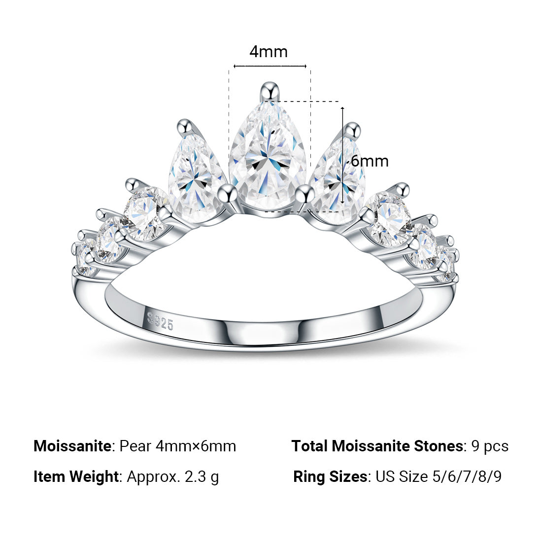 Minimalist Crown Wave Pear Moissanite 925 Sterling Silver Ring