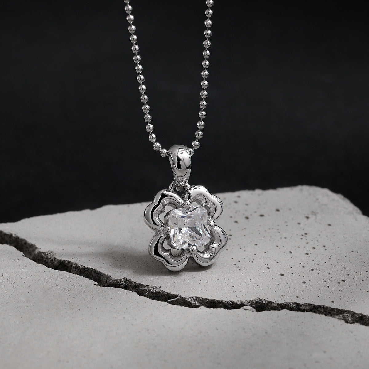 Clover Flower Cubic Zirconia 925 Sterling Silver Ball Chain Necklace