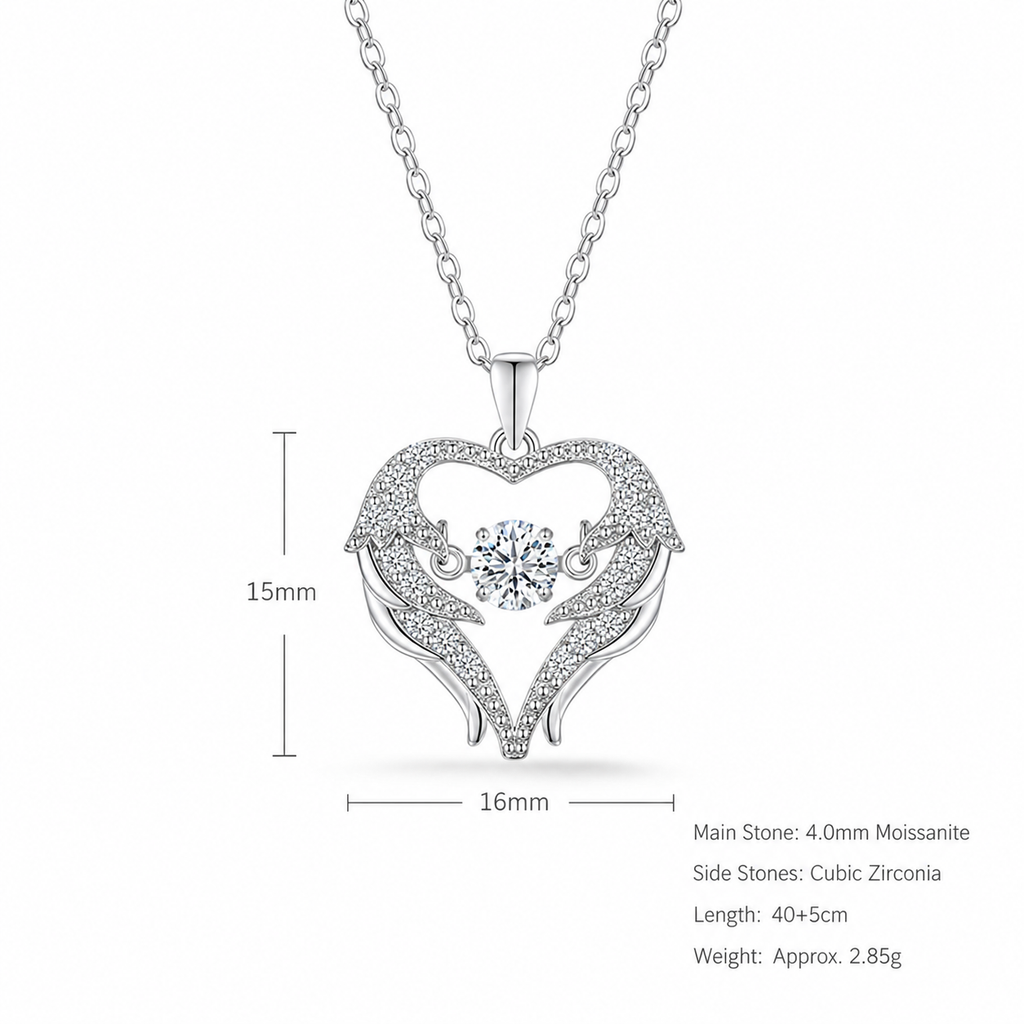Heart Angel Wing Moissanite 925 Sterling Silver Moving Center Stone Pendant Necklace