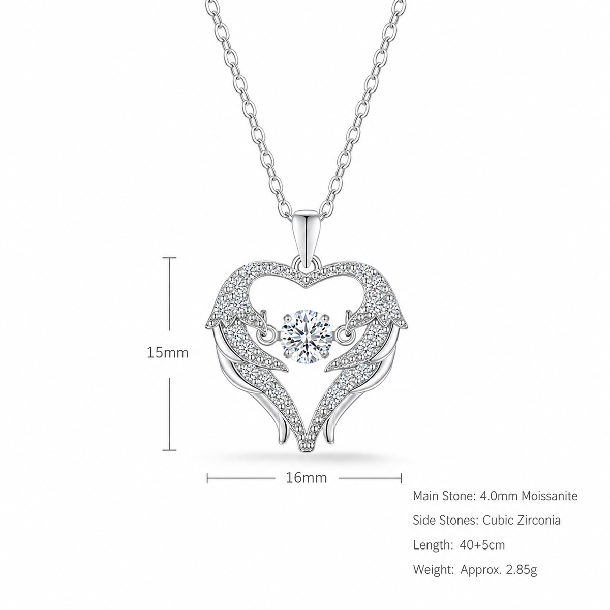 Heart Angel Wing Moissanite 925 Sterling Silver Moving Center Stone Pendant Necklace
