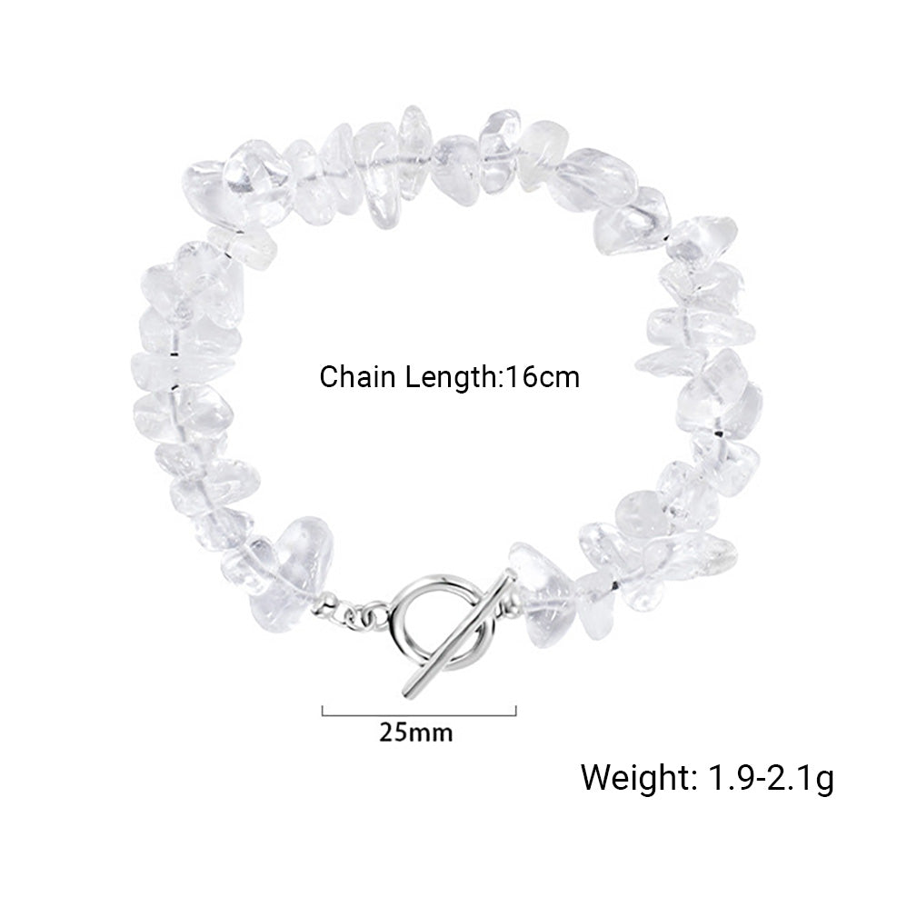 Natural Stone Irregular Clear White Crystal Chip Bead OT Toggle Clasp 925 Sterling Silver Bracelet