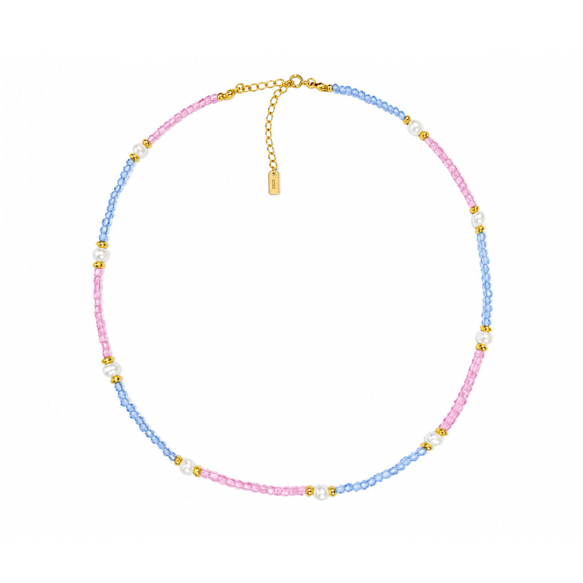 Pink Blue Cubic Zirconia Topaz Pearl Beaded Strand Hypoallergenic Fashion Jewellery Gift 925 Sterling Silver Necklace