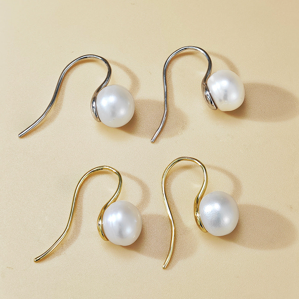 Natural Freshwater Pearl 925 Sterling Silver With Oval White Pearl  Hook Drop Earrings