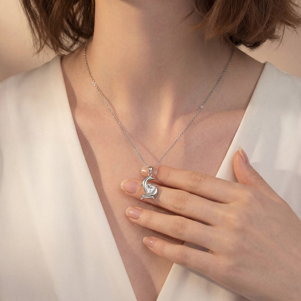 Dolphin Embrace Heart Shaped Moissanite S925 Sterling Silver Pendant Necklace