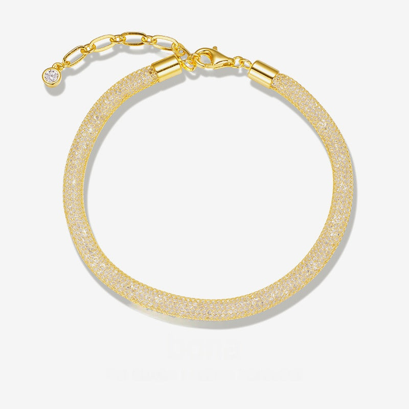 Elegant Geometric Pattern Shimmering Mesh Pure 925 Silver Bracelet