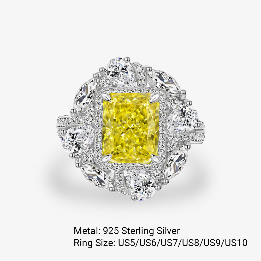 Stylish Yellow Rectangular Zirconia Halo 925 Sterling Silver Ring