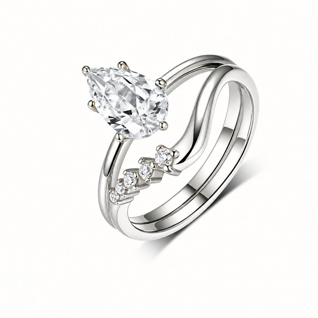 Elegant Pear Cut Moissanite 925 Sterling Silver Ring Set for Women, Curved Matching Band Stackable Ring, White Gold Or Gold Tone Fashion Wedding Promise Party Ring