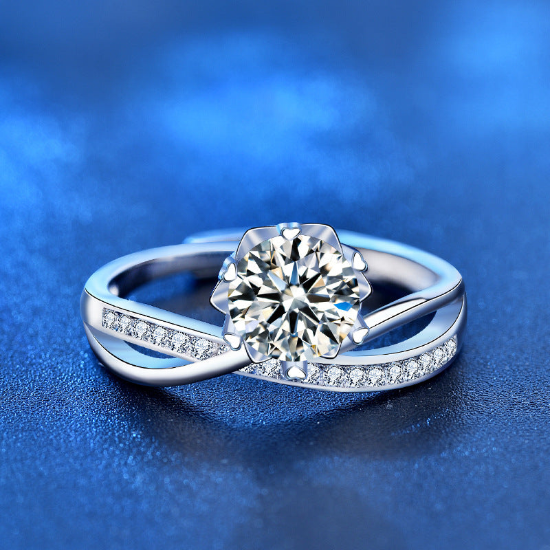 Masculine Round  Moissanite CZ Flower Cross 925 Sterling Silver Adjustable Ring