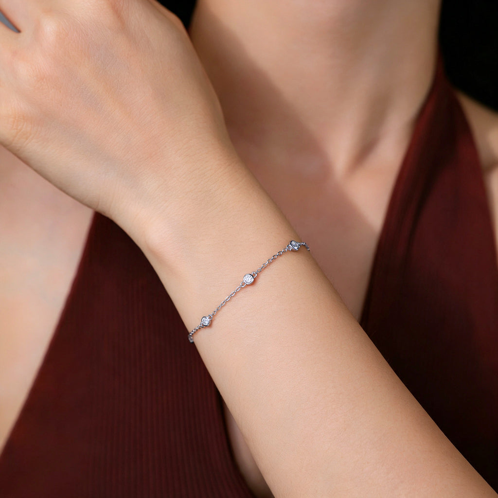 Round Bezel Set Moissanite Silver Chain 925 Sterling Silver Seven Stone Geometric Bracelet