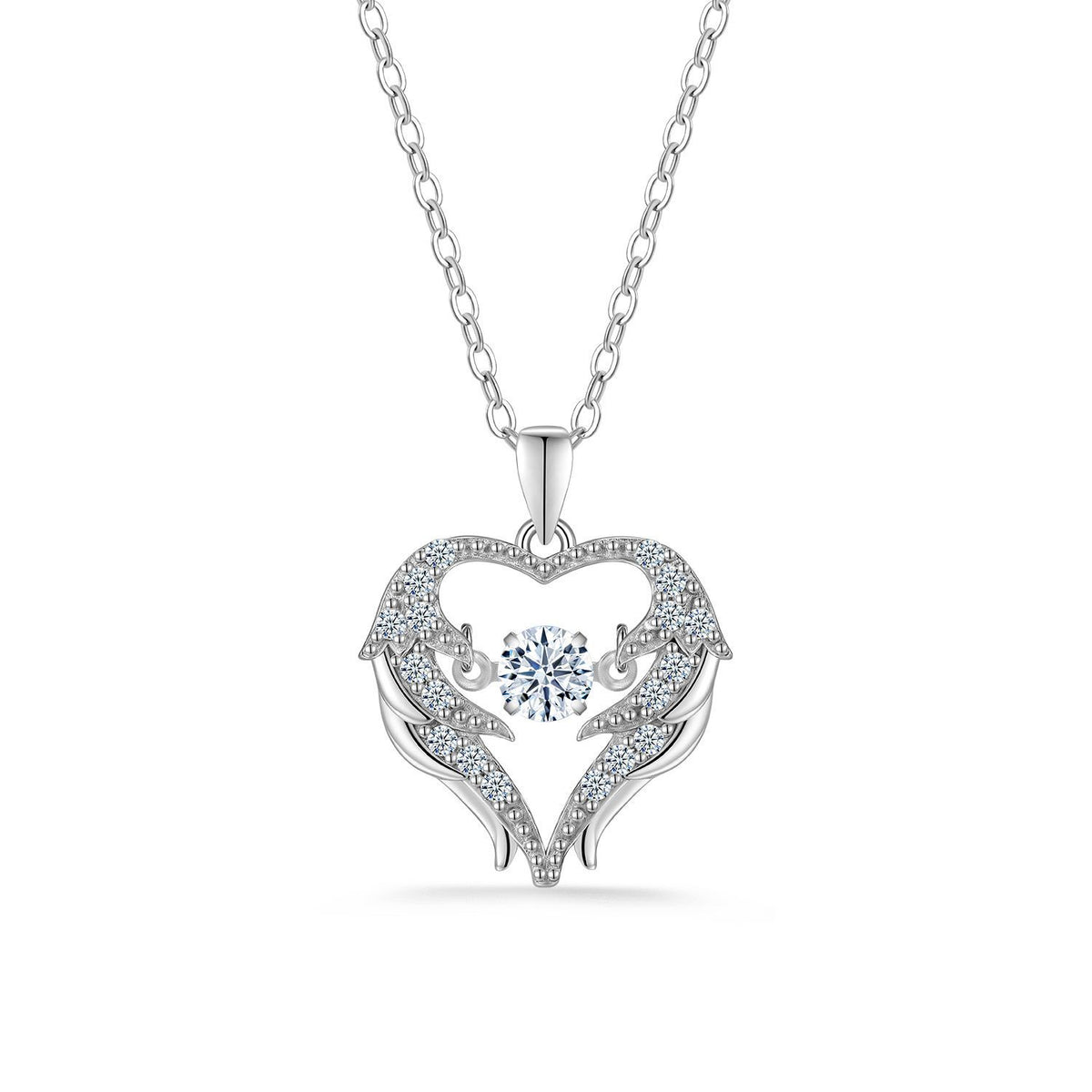 Heart Angel Wing Moissanite 925 Sterling Silver Moving Center Stone Pendant Necklace