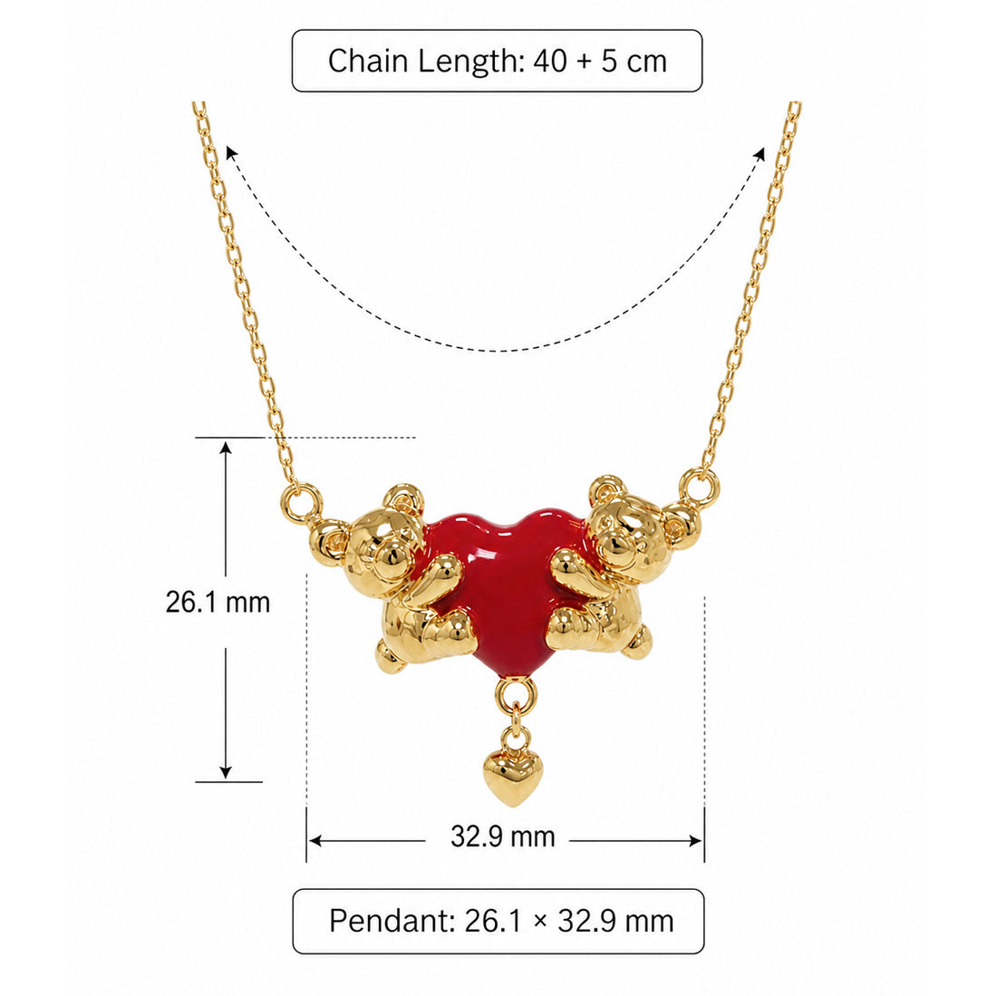 925 Sterling Silver Gold Plated Double Bear Red Enamel Heart Pendant Necklace