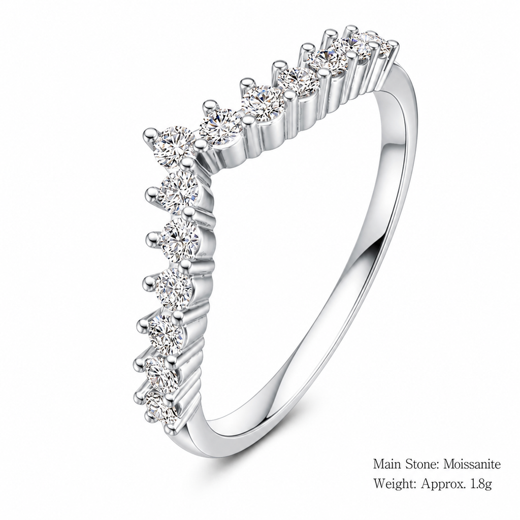 Crown V Shape D Color Moissanite  925 Sterling Silver Ring With 13 Stone Chevron Crown Design Geometric Line Band Ring