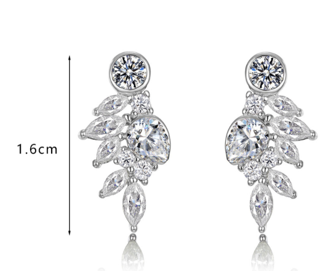 White Moissanite Leaf Cluster In 925 Sterling Silver  Stud Earrings
