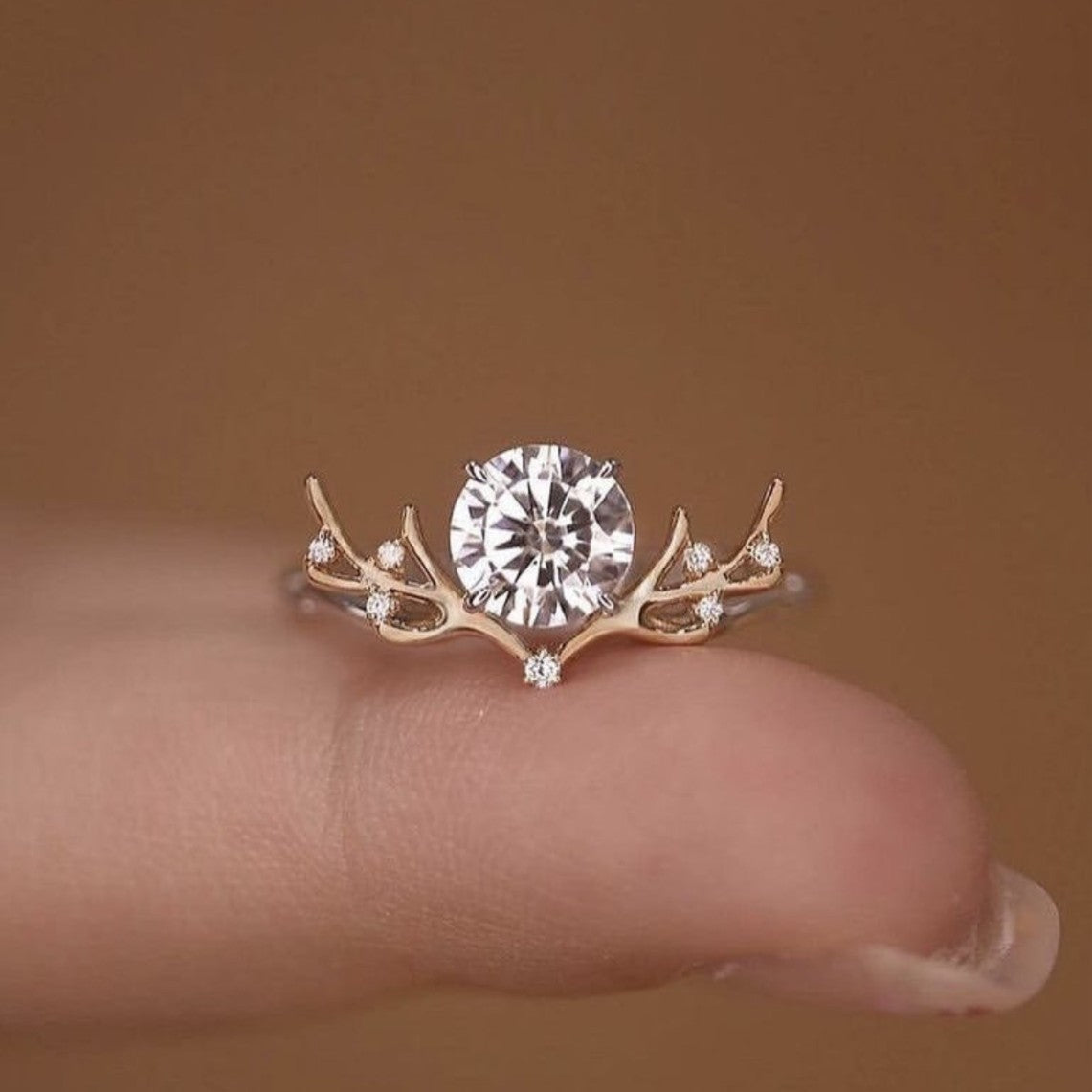 Moissanite Vine Branch Leaf Round Solitaire S925 Sterling Silver Ring